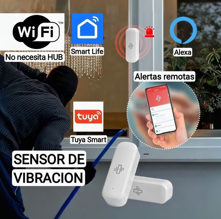 GENERICO Sensor de Vibracion WiFi. Smart Life, Tuya. No requiere hub. Sensor inteligente. Automatización