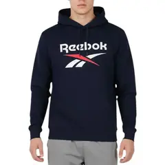 REEBOK - Polerón Hoodie Hombre Azul Navy Logo Blanco