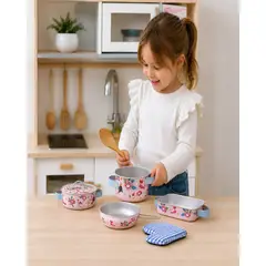 MYLHOGAR - Juego de Ollas Infantiles de Aluminio Diseño Floral Rosado para Niños