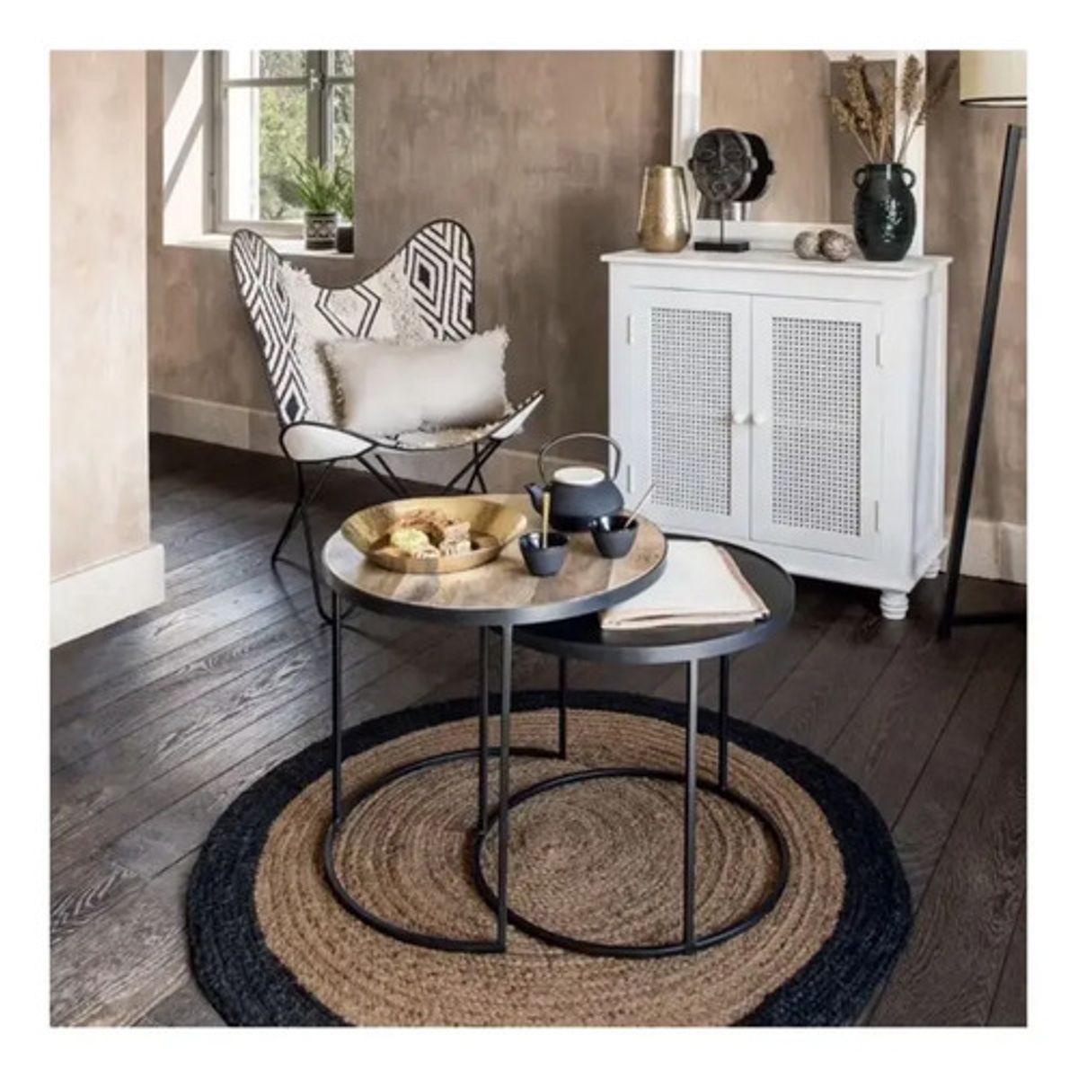 ATMOSPHERA - Alfombra Redonda Yute 120 Cm Borde Negro Atmosphera Para Living 1.2 M