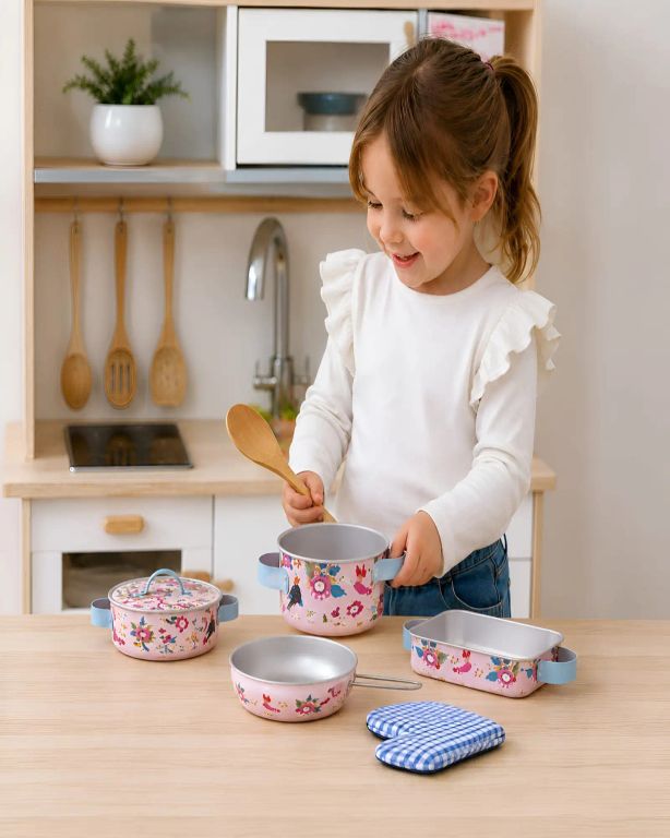 Set Cocinita Infantil De Aluminio Y Madera Estilo Rosado Pasteles Con Accesorios De Cocina
