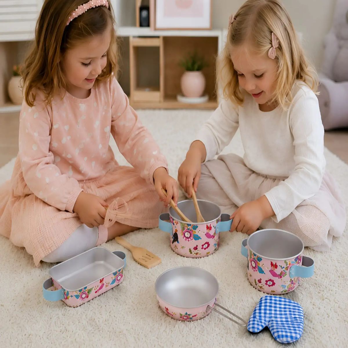 MYLHOGAR - Set Cocinita Infantil De Aluminio Y Madera Estilo Rosado Pasteles Con Accesorios De Cocina