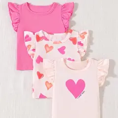PEQUEÑA LUZ - Pack 3 Poleras Niña Vuelos y Corazones - Estilo Coquette (Talla 2 a 3 Años)