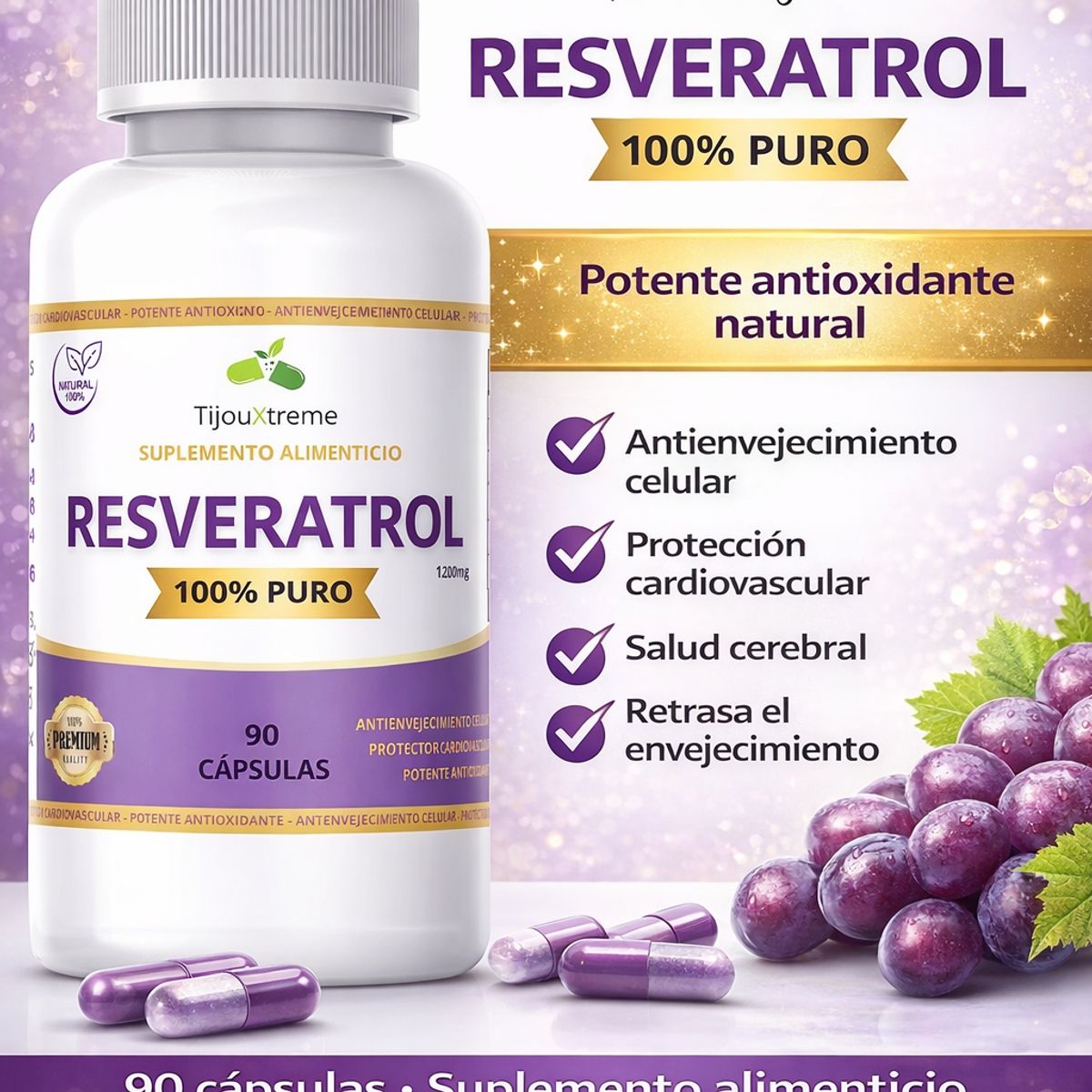GENERICO - Resveratrol 400mg Antioxidante Natural 90 Cápsulas
