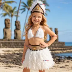 UTILISIMO - Traje Pascuense Típico Blanco Con Plumas 3 Piezas Niña Rapa Nui Fiestas Patrias.