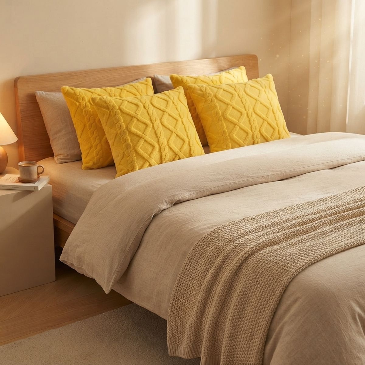 ARMONIA - Pack 4 Fundas para Cojín Poliéster Pelo Trenzado 45x45 758 Amarillo