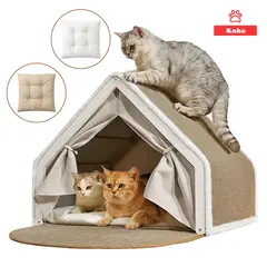 KOBA - Casa De Madera Para Gatos Michis Con Cojín Reversible Cortina Y Techo Alfombrilla Para Rascar
