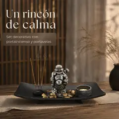 GENERICO - Set jardín zen Buda sonriente, bandeja cerámica decorativa con portaincienso y portavela