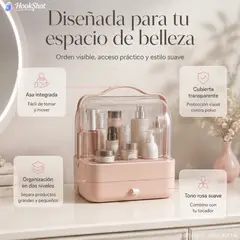GENERICO - Caja organizadora de cosméticos doble nivel con asa y tapa transparente