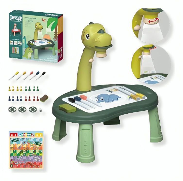 Mesa proyectora de dibujos interactiva con accesorios dinosaurio verde