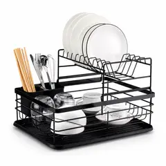 GENERICO - Secaplatos Escurridor 2 Niveles Acero Inox con bandeja - Negro