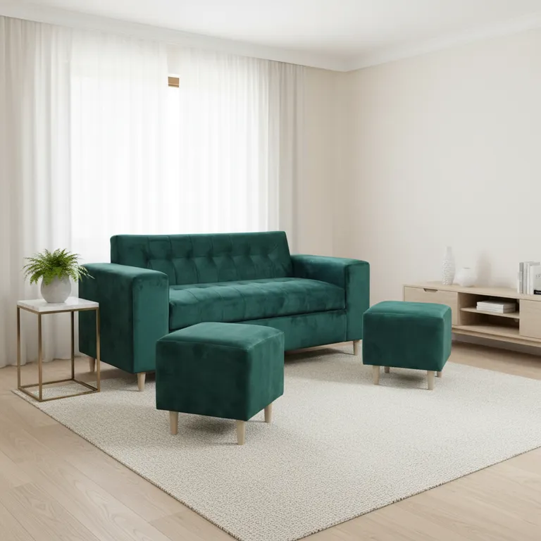SOFA DOS CUERPOS MAS POUF EN FELPA Verde oliva