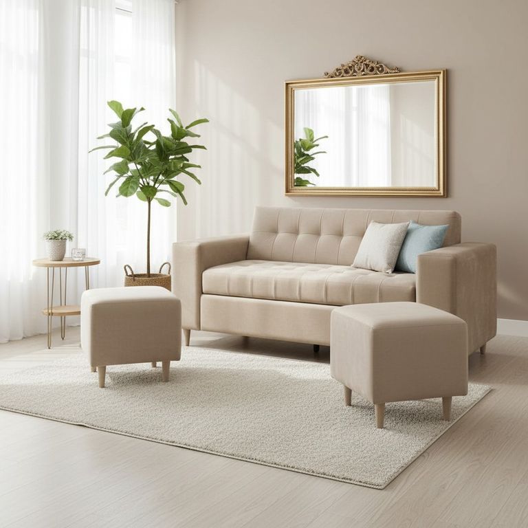 SOFA DOS CUERPOS MAS POUF EN FELPA Beige