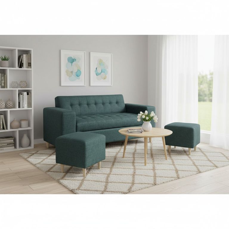 SOFA DOS CUERPOS MAS POUF EN LINO Verde oliva