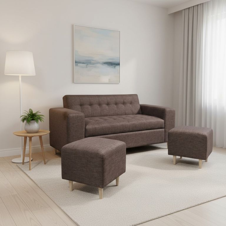 SOFA DOS CUERPOS MAS POUF EN LINO Chocolate