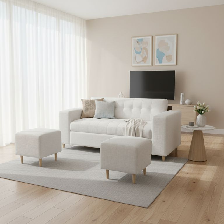 SOFA DOS CUERPOS MAS POUF EN LINO Crema