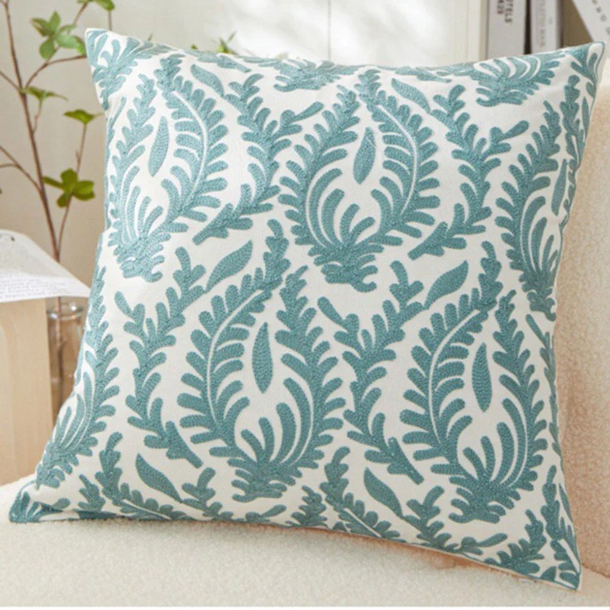 GENERICO - Cojín Bordado Diseño de Plantas y hojas en Lino 45×45 cm,Color Verde Turquesa