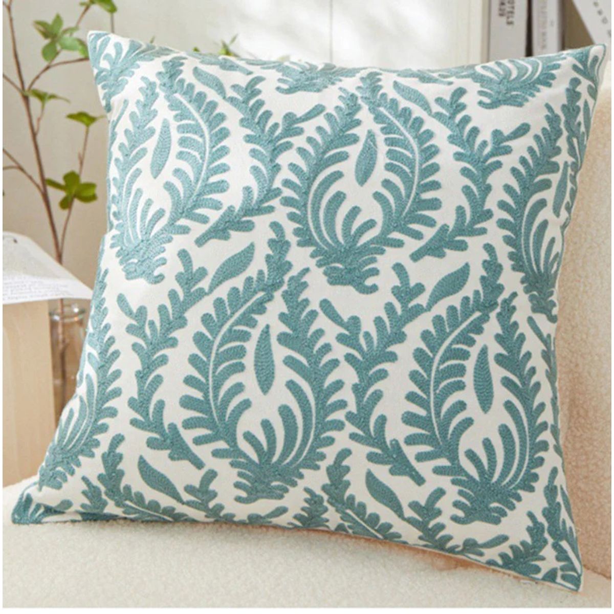 GENERICO - Cojín Bordado Diseño de Plantas y hojas en Lino 45×45 cm,Color Verde Turquesa