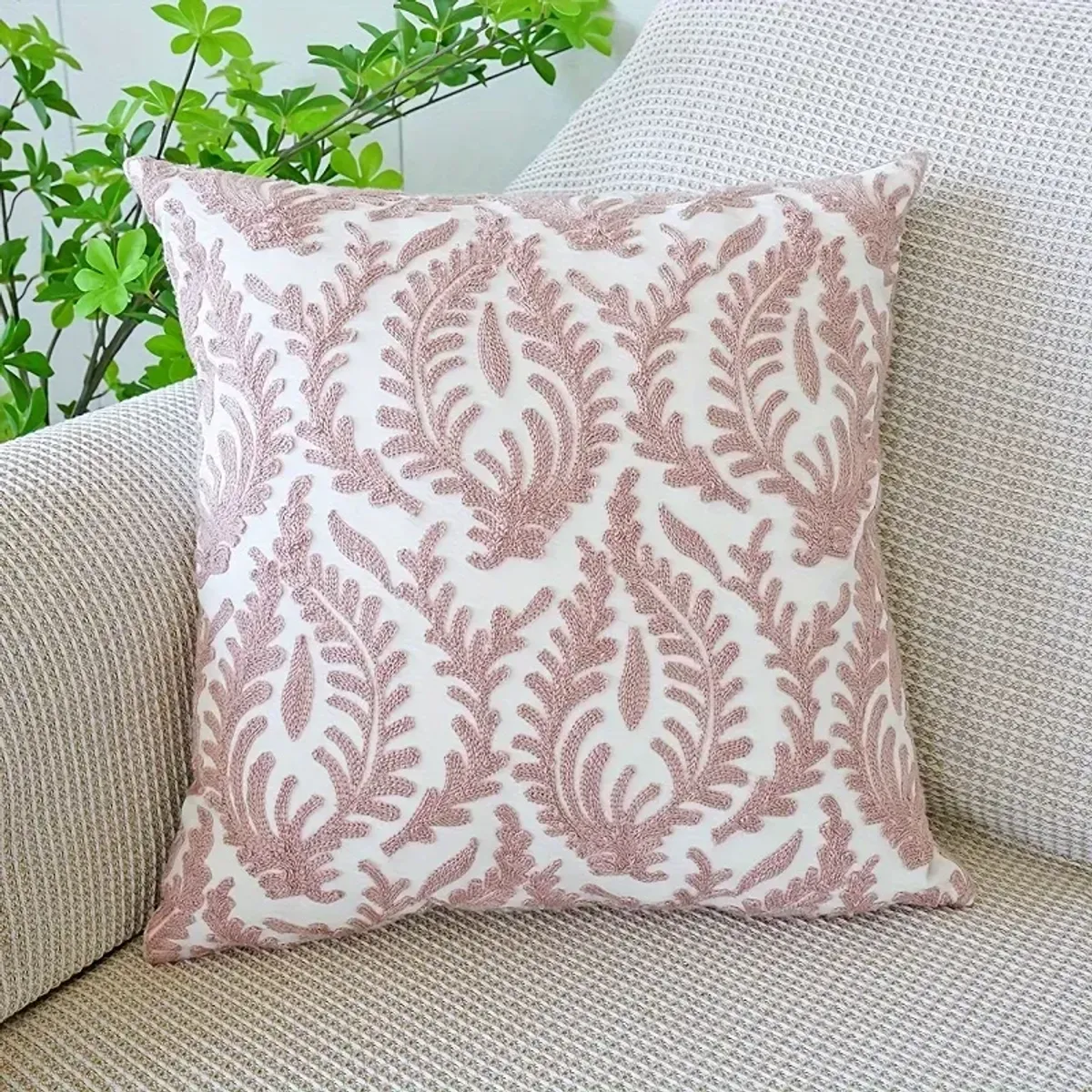 GENERICO - Cojín Bordado Diseño de Plantas y hojas en Lino 45×45 cm, Color Rosa
