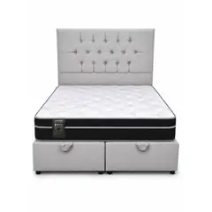 GENERICO - Cama Baul 2 Plaza Capitone Gris Claro Multifuncional + Base + Respaldo + Colchon 1 Pillow Mery Desing