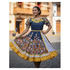 GENERICO - Vestido Huasa China Juvenil Adulto Azul Amarillo Baile Cueca Bailes Tipico Talla S a XL