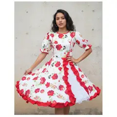 GENERICO - Vestido Huasa China Juvenil Adulto Blanco Rojo Baile Cueca Bailes Tipico Talla S a XL