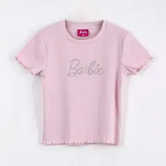 BARBIE - Polera Manga Corta Niña Logo Strass Rosado