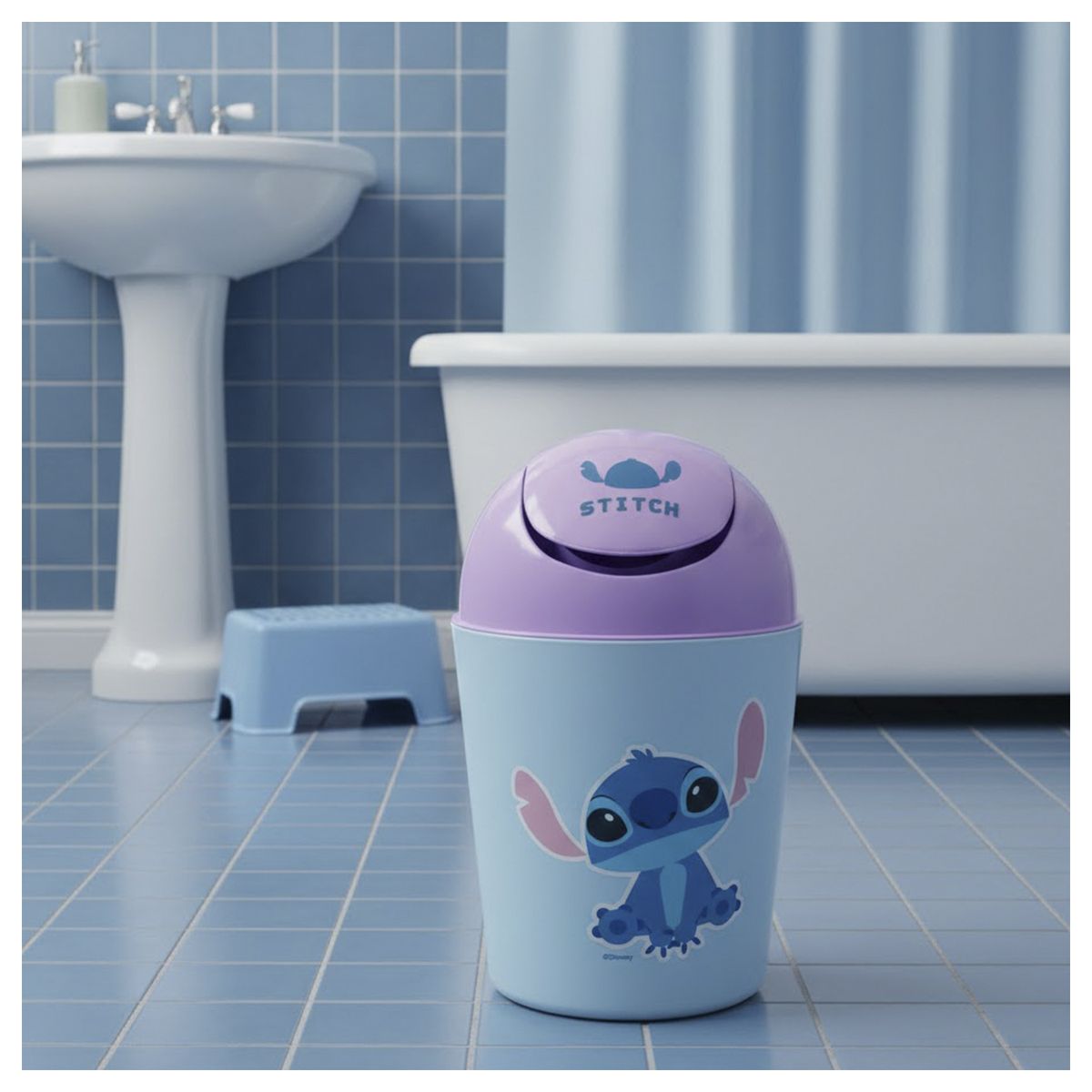 VAIS - Basurero Plastico Stitch Disney Baño Niños 5 Lts Con Tapa Celeste