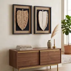 TELARES DE ESTILO - Dúo Cuadro Decorativo Hoja Algodón y Yute Fibra Natural Artesanía Chilena Marco Negro 50x34 cVidrio