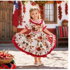 UTILISIMO - Vestido Chinita Huasa Niña Rojo Floreado Cueca Fiestas Patrias