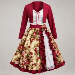 UTILISIMO - Vestido Chinita Huasa Juvenil 2 Piezas Burdeo Floreado Cueca Fiestas Patrias