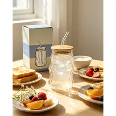 GENERICO - Vaso ondulado con tapa de bambú y pajita para bebidas frías