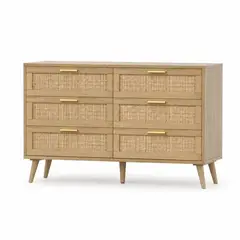 GENERICO - Cómoda 6 Cajones Ratán Natural Mueble Dormitorio 120 cm Zocalo