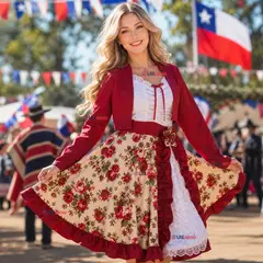 UTILISIMO - Vestido Chinita Huasa Mujer 2 Piezas Burdeo Floreado Cueca Fiestas Patrias