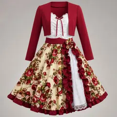 UTILISIMO - Vestido Chinita Huasa Mujer 2 Piezas Burdeo Floreado Cueca Fiestas Patrias