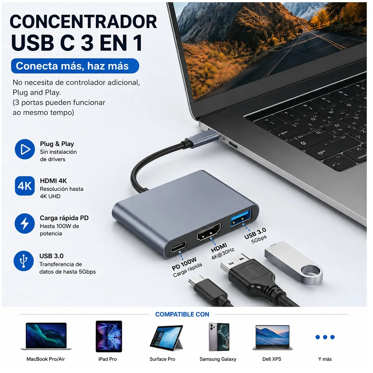 EVERSO - Hub USB-C 3 en 1 con HDMI 4K, USB 3.0 y Carga PD 100W