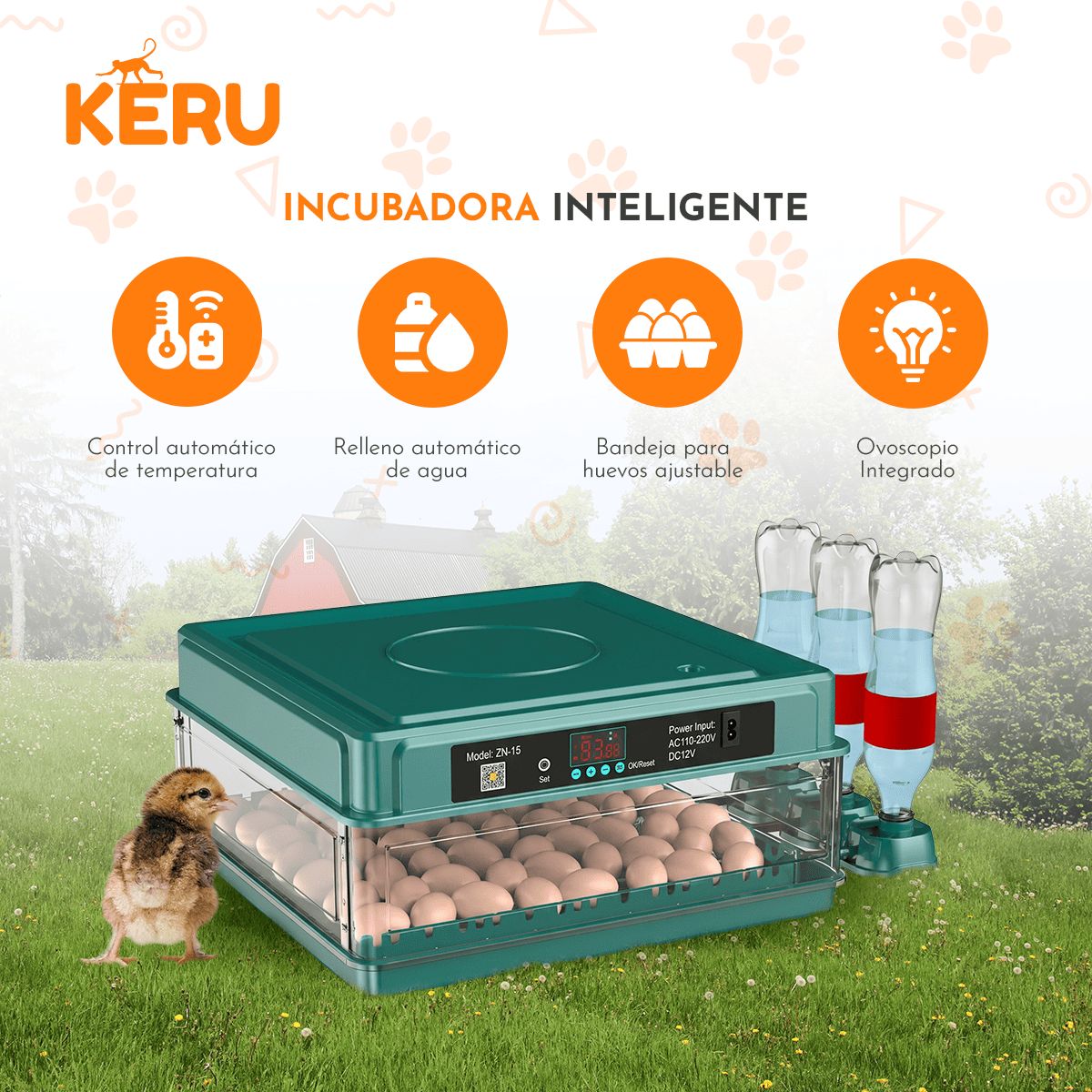 KERU - Incubadora Automática KERU 48 Huevos con Volteo, Control de Temperatura y Doble Alimentación