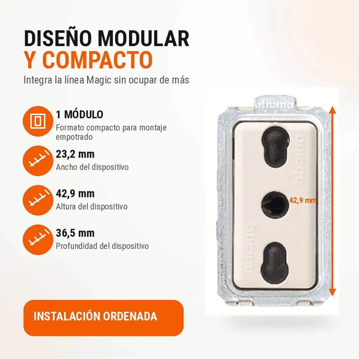 BTICINO - Toma Corriente Hembra de Seguridad Bticino Magic 2P+T 10/16A 250V Blanca Ref. 5180