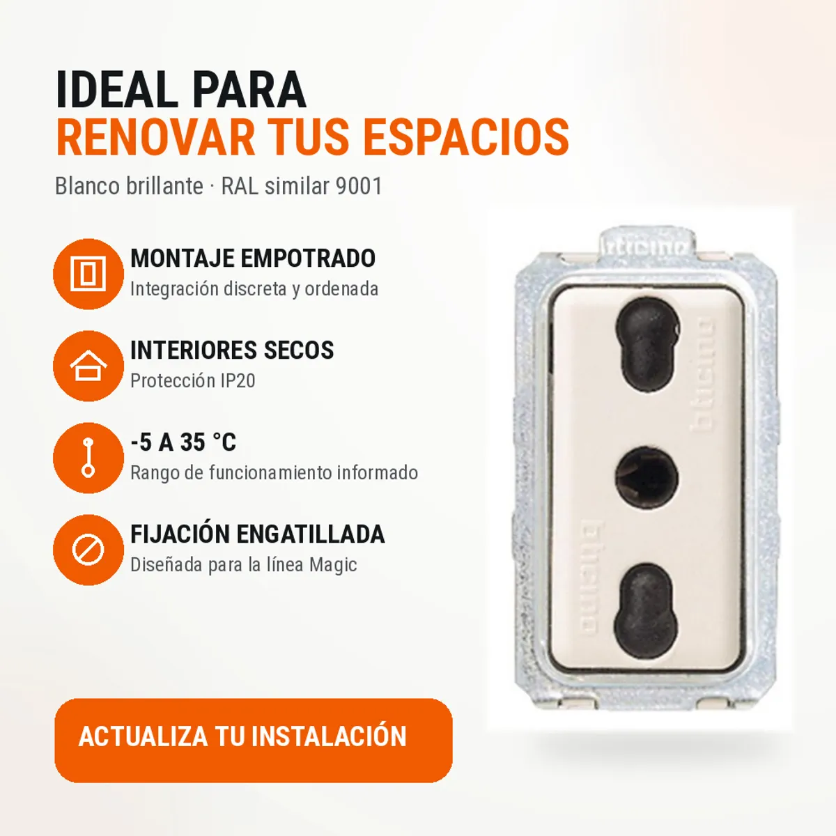BTICINO - Toma Corriente Hembra de Seguridad Bticino Magic 2P+T 10/16A 250V Blanca Ref. 5180