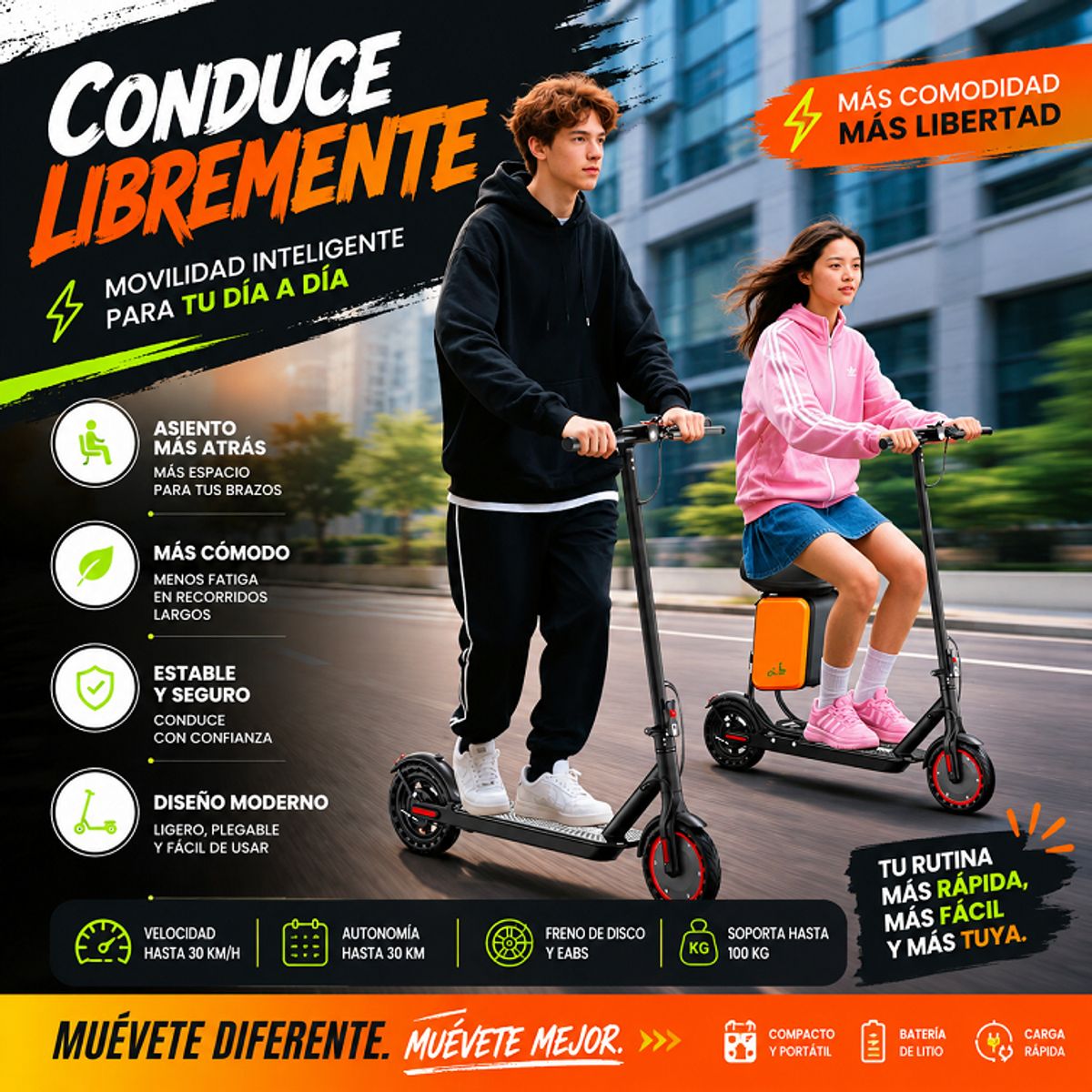 MOVI - Scotter Electrico con asiento desmontable, plegable con bolso.