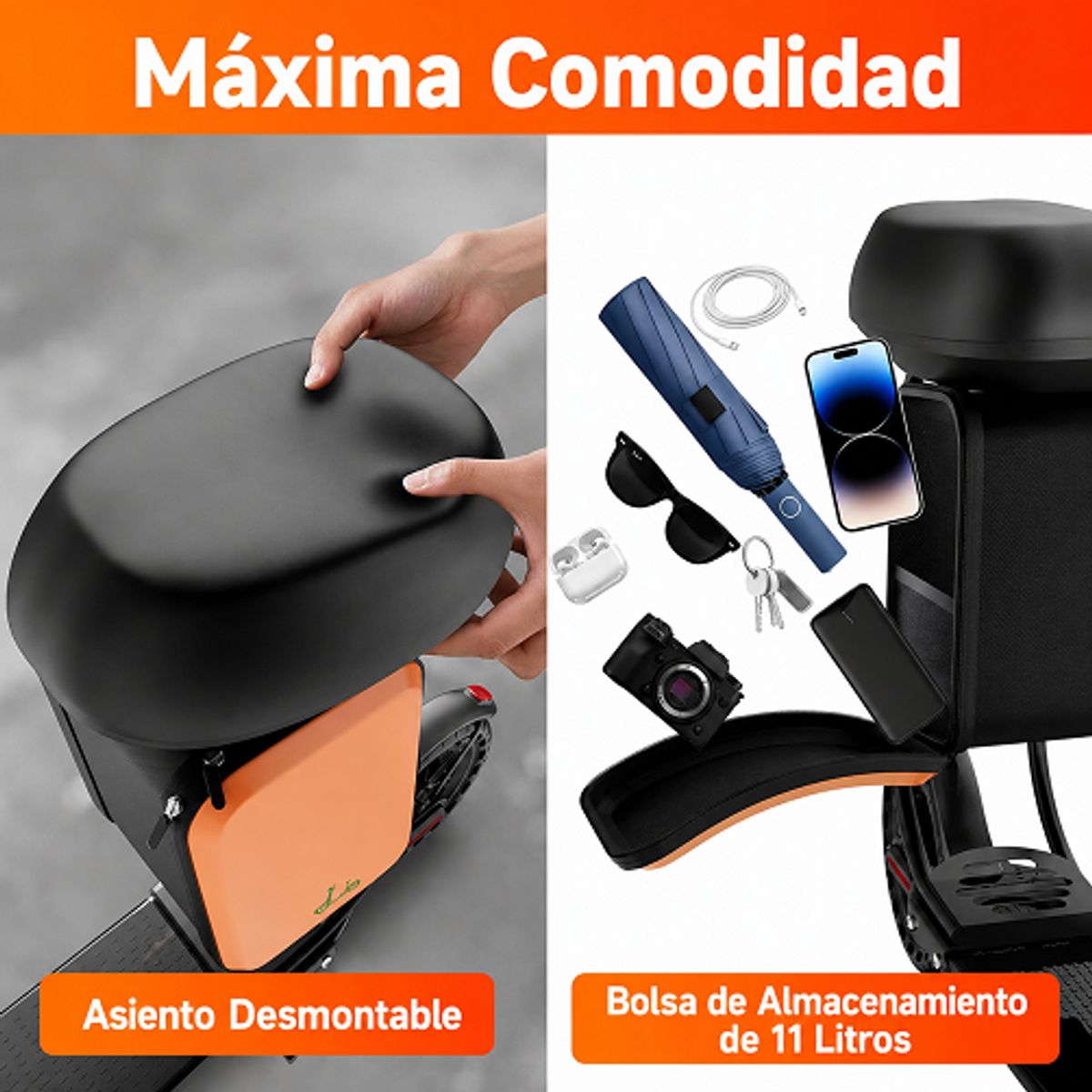 MOVI - Scotter Electrico con asiento desmontable, plegable con bolso.
