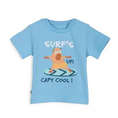 PILLIN - Polera Bebé Niño Manga Corta Estampado Capibara Surf Celeste