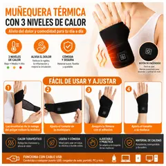 MOVI - MUÑEQUERA TÉRMICA USB CON 3 NIVELES DE CALOR: ALIVIO DEL DOLOR Y COMPRESIÓN