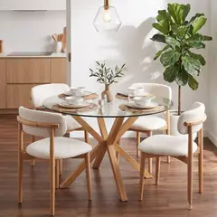 PANDALINO - Comedor Mesa Equiz 100cm + 4 Silla Makena Lino Beige - Madera Natural