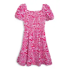 PILLIN - Vestido Niña Manga Globo Elasticado Rosado Oscuro