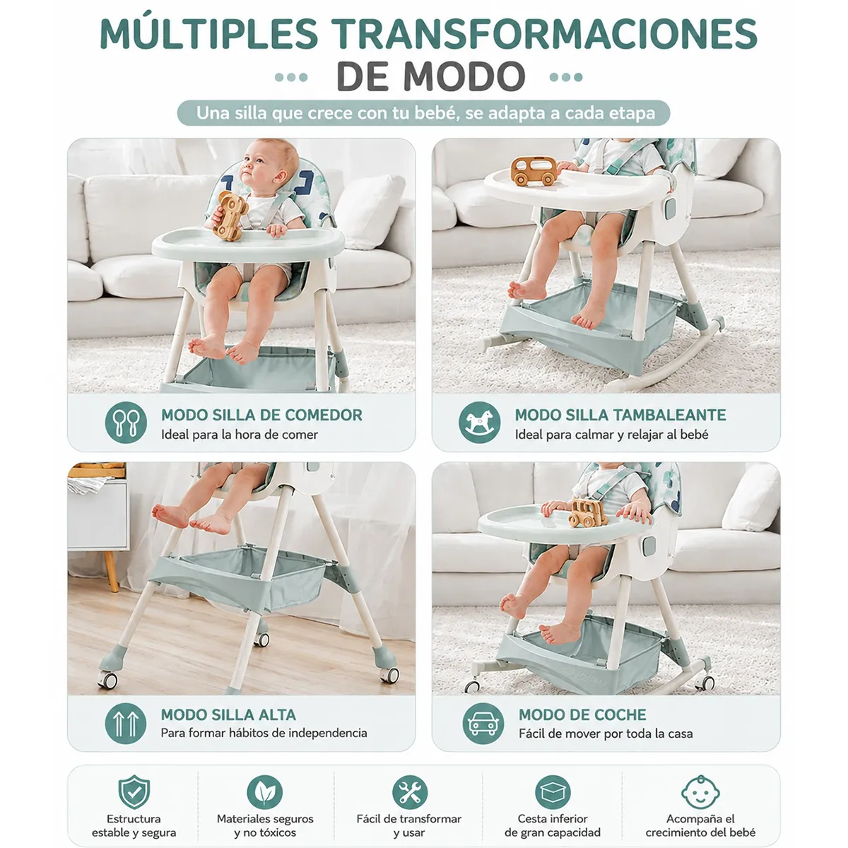 EVERSO - Silla de Comer Bebé 3 en 1 Ajustable Multifuncional con Mecedora