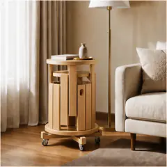 HOMER DESIGN - Set 4 Taburetes Apilables Con Mesa Lateral Y Base Con Ruedas Barnizado