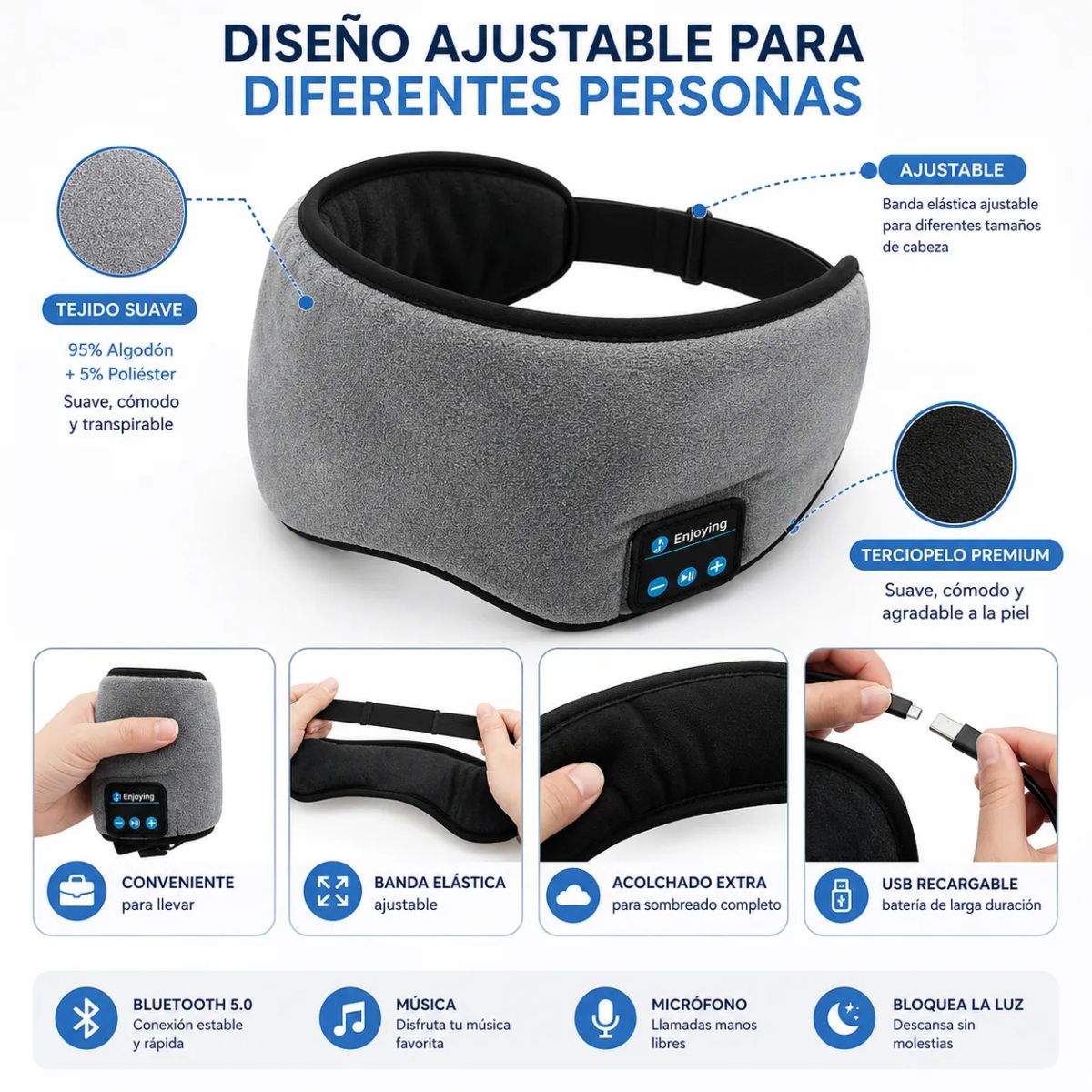 GENERICO - Antifaz para Dormir con Bluetooth, Audífonos y Micrófono Integrados