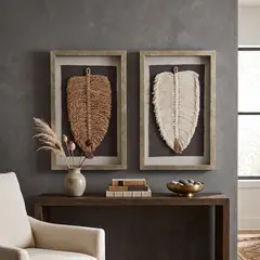 TELARES DE ESTILO - Dúo Cuadro Decorativo Hoja Algodón y Yute, Fibra Natural, Artesanía Chilena, Marco Dorado 60 x 40 Vidrio