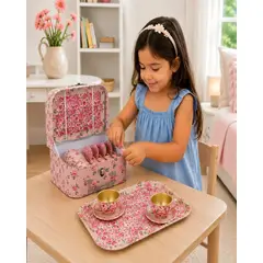 GENERICO - Juego de Té Infantil de Metal con Maletín Rosado Diseño Flores